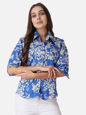 Cation Women Printed Casual Blue, White Shirt