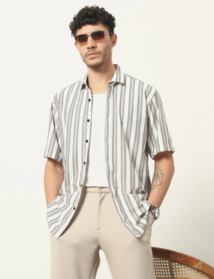 WOXEN Men Striped Casual White Shirt