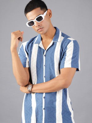 V-MART Men Striped Casual Blue, White Shirt