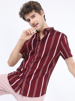 HIGHLANDER Men Striped Casual Maroon Shirt