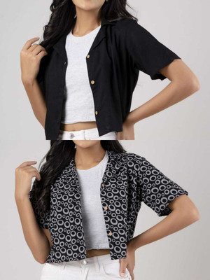 GORDHAN Women Printed, Solid Party Black, Grey Shirt(Pack of 2)