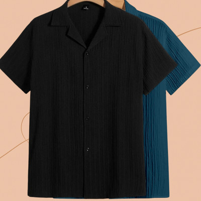 Jenil Fashion Men Self Design Casual Black, Blue Shirt(Pack of 2)