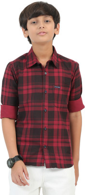 ROCKET SCIENCE Boys Checkered Casual Maroon Shirt