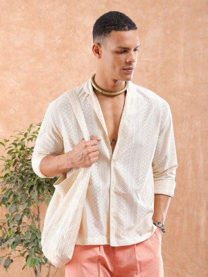 The Indian Garage Co. Men Solid Beach Wear Cream Shirt