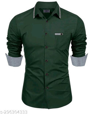 Plum Crazy Men Solid Casual Green Shirt