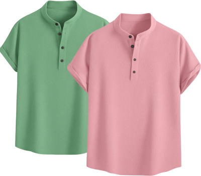 METRONAUT Men Self Design Casual Green, Pink Shirt(Pack of 2)