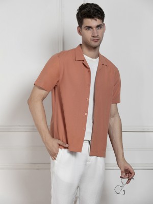 Dennis Lingo Men Solid Casual Orange Shirt