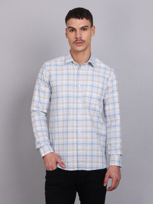 Nanzi Men Checkered Casual Light Blue, White Shirt