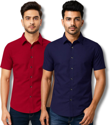 RAREMARK Men Self Design Formal Maroon, Dark Blue Shirt(Pack of 2)
