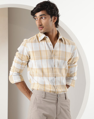 RARE RABBIT Men Checkered Casual Yellow, White, Beige Shirt