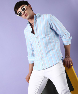 CAMPUS SUTRA Men Striped Casual Light Blue, Pink, White Shirt