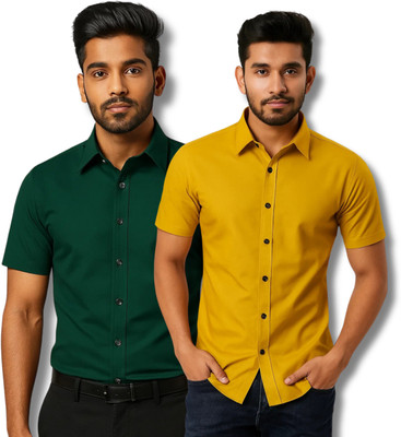 RAREMARK Men Solid Formal Green, Yellow Shirt(Pack of 2)