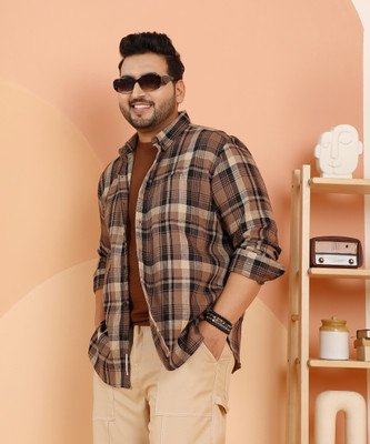 Instafab Plus Men Checkered Casual Brown Shirt