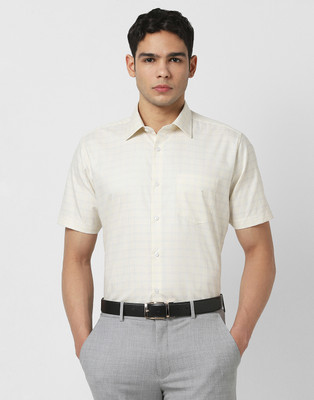 VAN HEUSEN Men Checkered Formal Beige Shirt