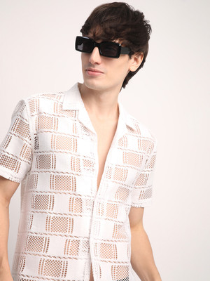 Voroxy Men Self Design Casual White Shirt