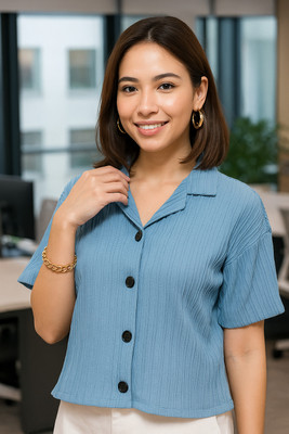 Dressberry Women Solid Casual Light Blue Shirt