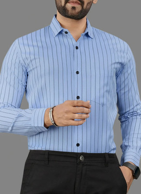 FUBACK Men Striped Casual Light Blue Shirt