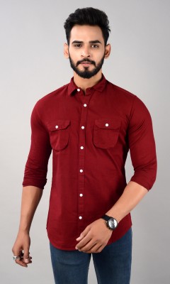 VILLAIN Men Solid Casual Maroon Shirt