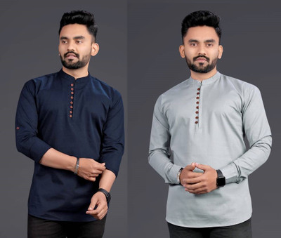 COMBRAIDED Men Solid Straight Kurta(Blue, Grey)