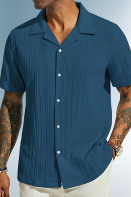 A DEEMOON TREND Men Striped, Self Design Casual Blue Shirt