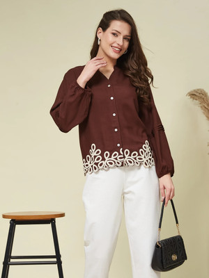 J TURRITOPSIS Casual Embroidered Women Brown Top