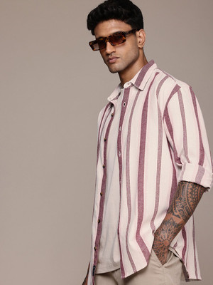 Roadster Men Striped Casual Cream, Purple Shirt