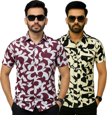 AVOLT Men Printed Casual Black, Yellow Shirt(Pack of 2)
