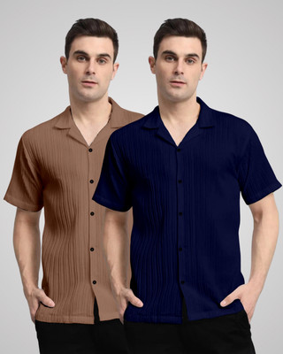VK Couture Men Self Design Casual Brown, Dark Blue Shirt(Pack of 2)