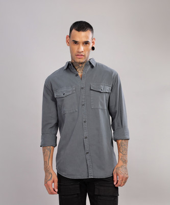 FOUL CHILD Men Solid Casual Grey Shirt