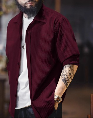 Fashionable Village Men Striped Casual Maroon Shirt