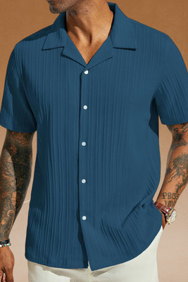 A DEEMOON TREND Men Self Design Casual Blue Shirt