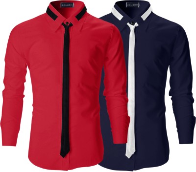 ZOMBOM Men Solid Casual Red, Dark Blue Shirt(Pack of 2)