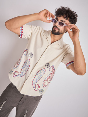 FUGAZEE Men Embroidered Casual Beige Shirt