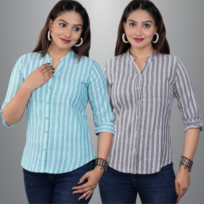 FABISHO Women Striped Casual Light Blue, White, Grey Shirt(Pack of 2)