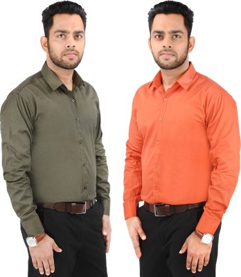 CRAFT HEAVEN Men Solid Casual Green, Orange Shirt(Pack of 2)