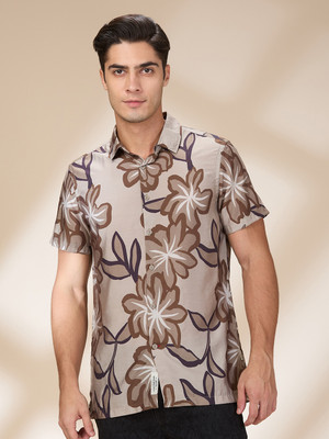 BEING HUMAN Men Floral Print Casual Beige Shirt