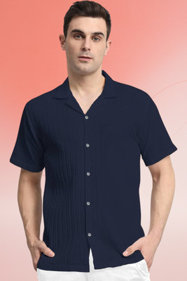 A DEEMOON TREND Men Self Design Casual Dark Blue Shirt