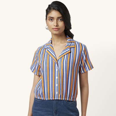 PEOPLE Women Striped Casual Blue, White, Yellow Shirt