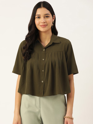 SLENOR Women Solid Casual Green Shirt