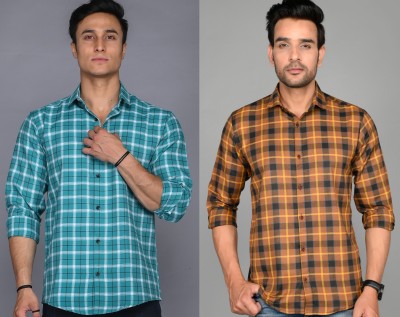 Tanip Men Checkered Casual Green, Brown Shirt(Pack of 2)