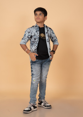 THE TINGGE Boys Printed Casual Light Blue Shirt