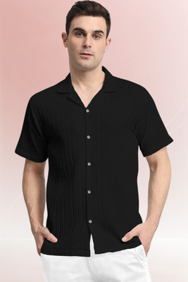 A DEEMOON TREND Men Self Design Casual Black Shirt