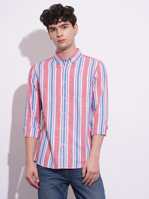 BEING HUMAN Men Striped Casual Pink, Blue Shirt