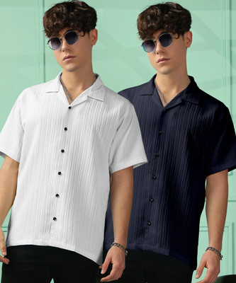 Looksky Men Self Design Casual Cream Shirt(Pack of 2)