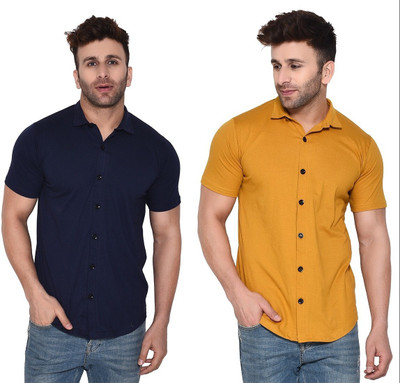 Lawful Casual Men Solid Casual Dark Blue, Gold Shirt(Pack of 2)