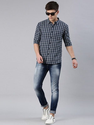 METRONAUT Men Checkered Casual Dark Blue Shirt