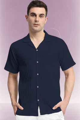 A DEEMOON TREND Men Self Design Casual Dark Blue Shirt