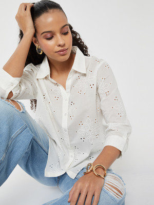 MAX Women Self Design Casual White Shirt