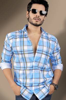 Marmic Fab Men Checkered Casual Blue Shirt