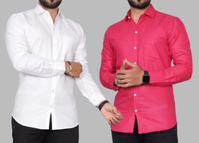 METRONAUT Men Solid Casual White, Pink Shirt(Pack of 2)
